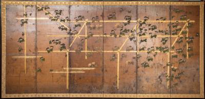 Japanese Six Panel Screen Morning Glories on a Bamboo Arbor