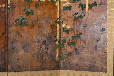 Japanese Six Panel Screen Morning Glories on a Bamboo Arbor