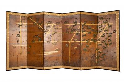 Japanese Six Panel Screen Morning Glories on a Bamboo Arbor