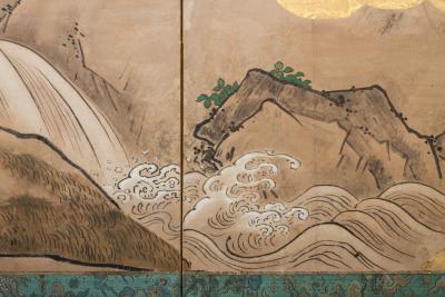 Japanese Six Panel Screen Mother Cat and Kittens Near Rushing Stream