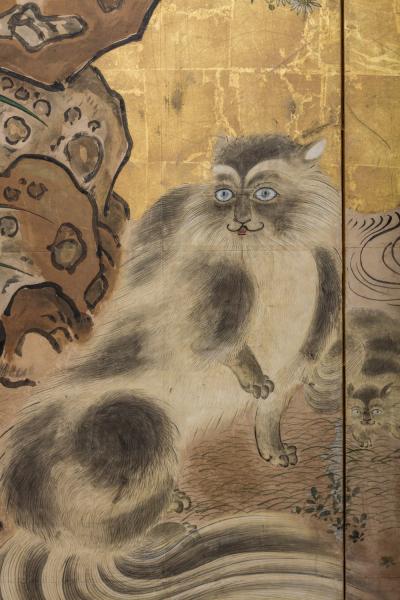 Japanese Six Panel Screen Mother Cat and Kittens Near Rushing Stream