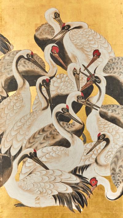 Japanese Six Panel Screen One Hundred Cranes