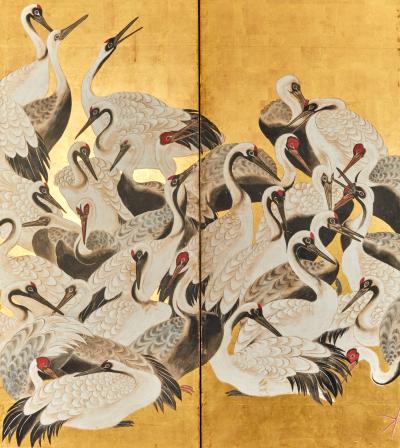Japanese Six Panel Screen One Hundred Cranes