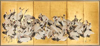 Japanese Six Panel Screen One Hundred Cranes