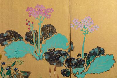 Japanese Six Panel Screen Peonies and Young Growth on Gold Silk