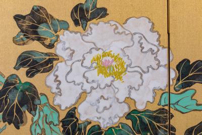 Japanese Six Panel Screen Peonies and Young Growth on Gold Silk