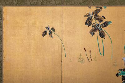 Japanese Six Panel Screen Peonies and Young Growth on Gold Silk