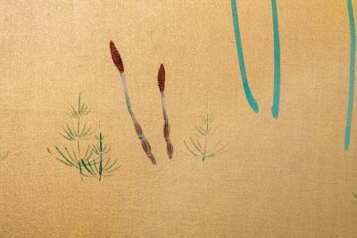 Japanese Six Panel Screen Peonies and Young Growth on Gold Silk