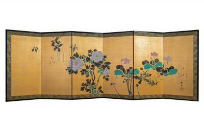 Japanese Six Panel Screen Peonies and Young Growth on Gold Silk