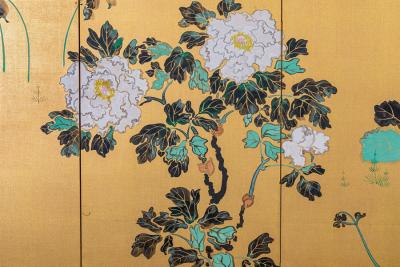 Japanese Six Panel Screen Peonies and Young Growth on Gold Silk