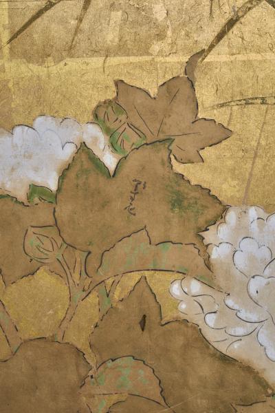 Japanese Six Panel Screen Peony and Wild Grasses on Gold