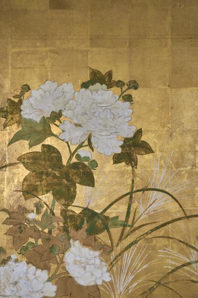 Japanese Six Panel Screen Peony and Wild Grasses on Gold