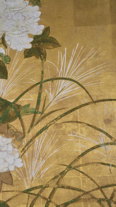 Japanese Six Panel Screen Peony and Wild Grasses on Gold