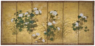 Japanese Six Panel Screen Peony and Wild Grasses on Gold