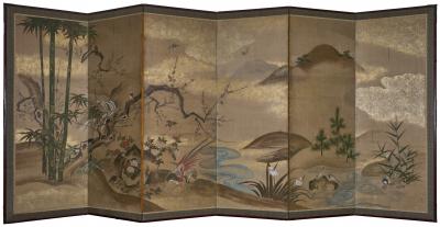 Japanese Six Panel Screen Pheasant in River Landscape