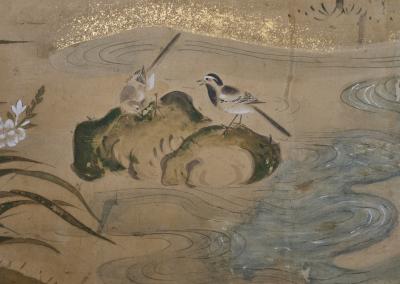 Japanese Six Panel Screen Pheasant in River Landscape