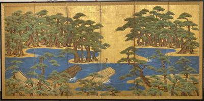 Japanese Six Panel Screen Pine Trees and Boats at Water s Edge