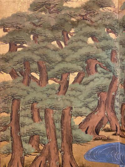 Japanese Six Panel Screen Pine Trees and Boats at Water s Edge