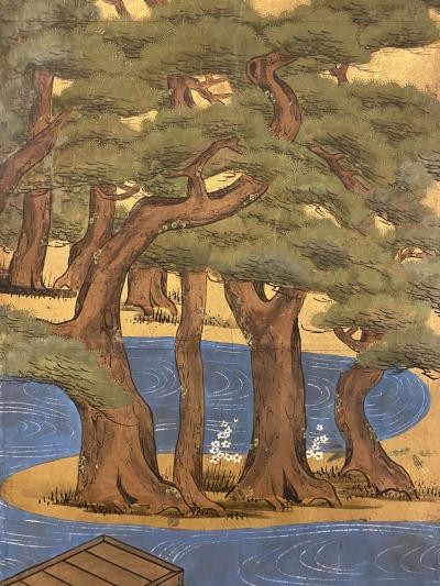 Japanese Six Panel Screen Pine Trees and Boats at Water s Edge