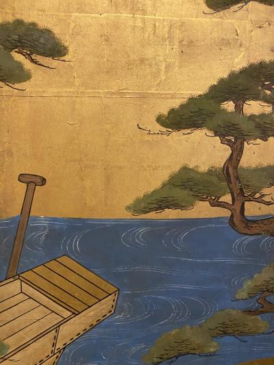 Japanese Six Panel Screen Pine Trees and Boats at Water s Edge