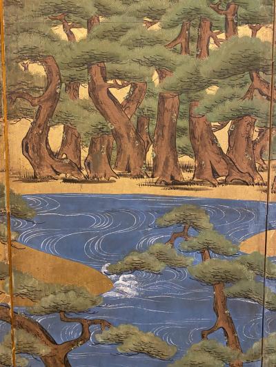 Japanese Six Panel Screen Pine Trees and Boats at Water s Edge