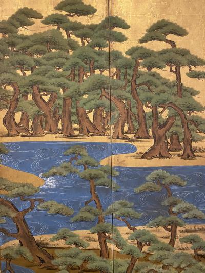 Japanese Six Panel Screen Pine Trees and Boats at Water s Edge