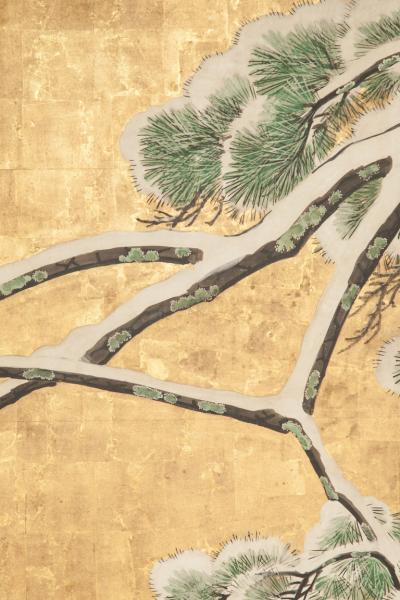 Japanese Six Panel Screen Pine in Snow on Heavy Gold Leaf
