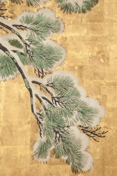 Japanese Six Panel Screen Pine in Snow on Heavy Gold Leaf