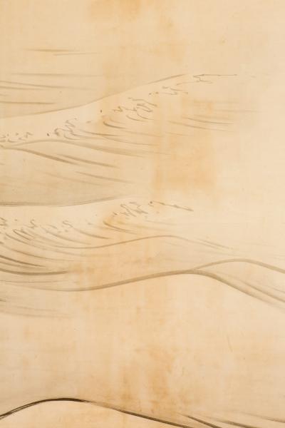 Japanese Six Panel Screen Plovers in Flight Over Coastal Landscape