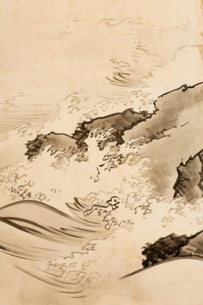 Japanese Six Panel Screen Plovers in Flight Over Coastal Landscape