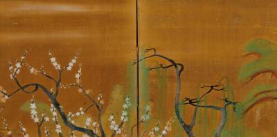 Japanese Six Panel Screen Plum Willow and Pine on Silk