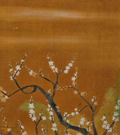 Japanese Six Panel Screen Plum Willow and Pine on Silk