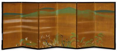 Japanese Six Panel Screen Plum Willow and Pine on Silk