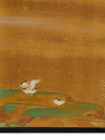 Japanese Six Panel Screen Plum Willow and Pine on Silk