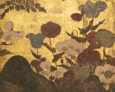 Japanese Six Panel Screen Poppies in a Garden Landscape