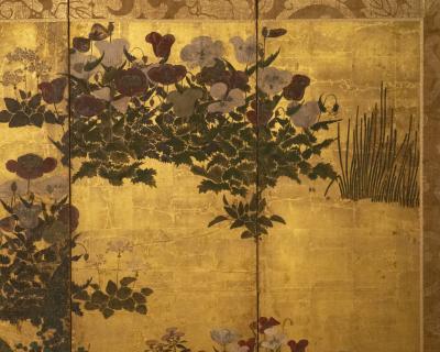 Japanese Six Panel Screen Poppies in a Garden Landscape
