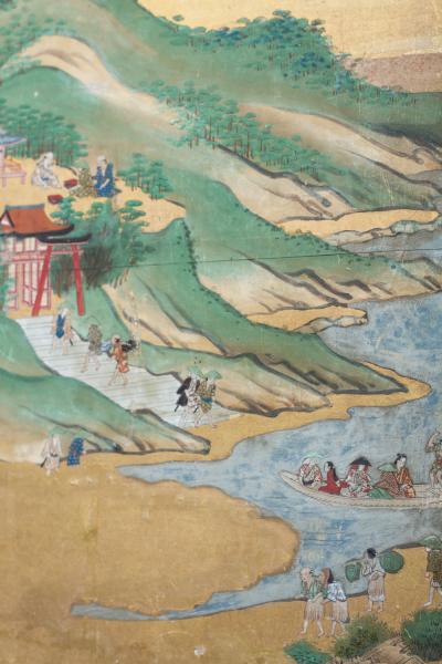 Japanese Six Panel Screen Rakuchu Rakugai Zu Scenes in and Around Kyoto 