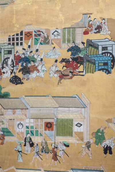 Japanese Six Panel Screen Rakuchu Rakugai Zu Scenes in and Around Kyoto 