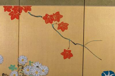 Japanese Six Panel Screen Red Maple Chrysanthemum