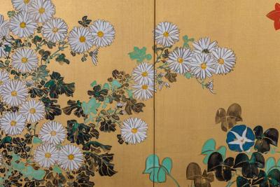 Japanese Six Panel Screen Red Maple Chrysanthemum