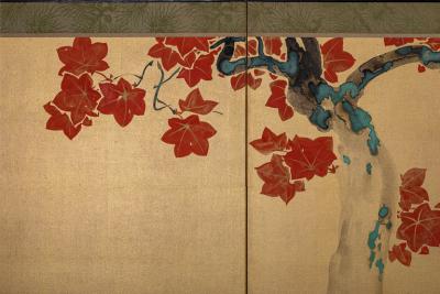Japanese Six Panel Screen Red Maple Chrysanthemum