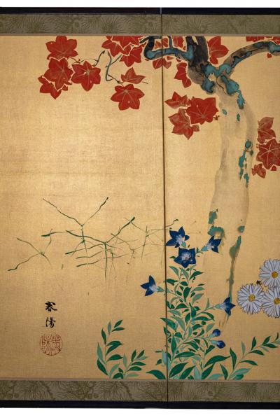 Japanese Six Panel Screen Red Maple Chrysanthemum