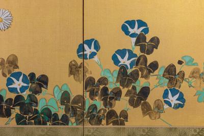 Japanese Six Panel Screen Red Maple Chrysanthemum