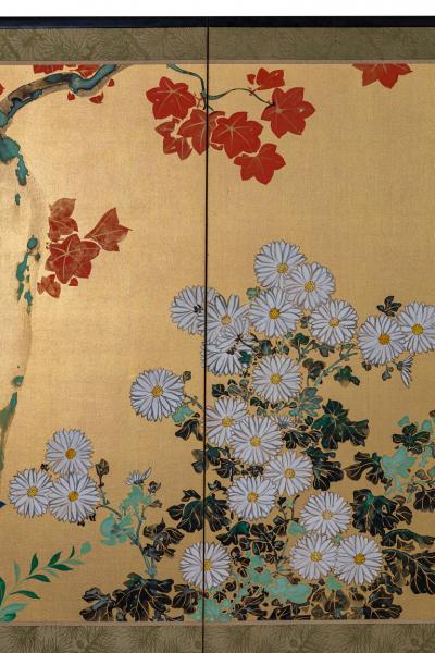 Japanese Six Panel Screen Red Maple Chrysanthemum