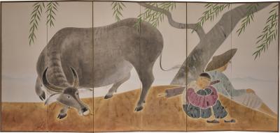 Japanese Six Panel Screen Resting Under Willow