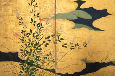 Japanese Six Panel Screen Rimpa Flower Landscape
