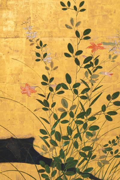 Japanese Six Panel Screen Rimpa Flower Landscape