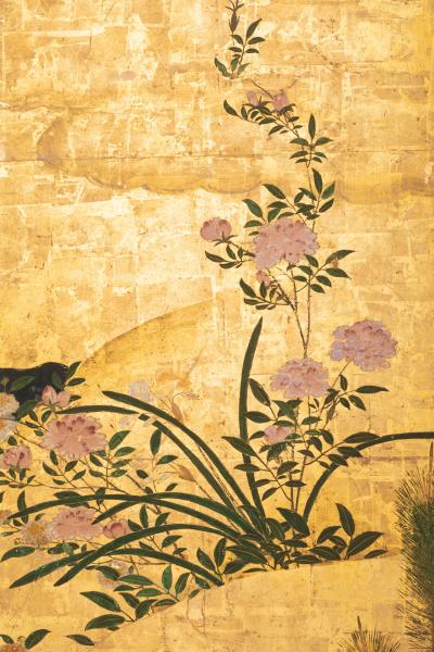 Japanese Six Panel Screen Rimpa Flower Landscape