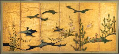 Japanese Six Panel Screen Rimpa Flower Landscape