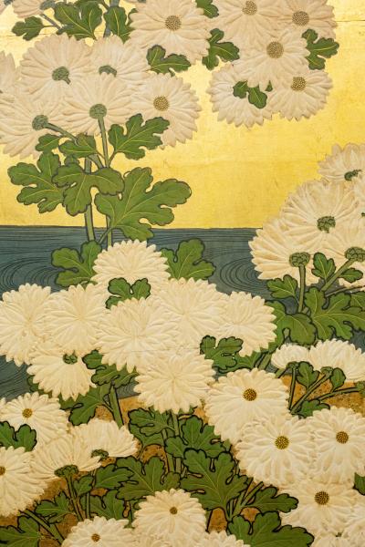 Japanese Six Panel Screen Rimpa School Chrysanthemums on Gold